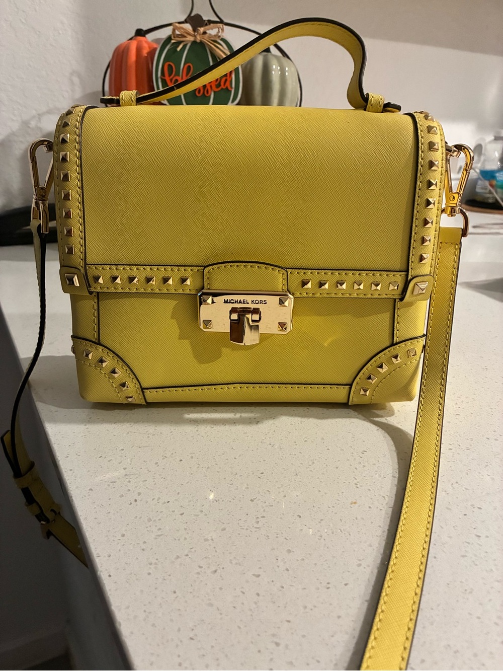 Michael Kors Yellow Studded Leather Mini Top-Handle Crossbody